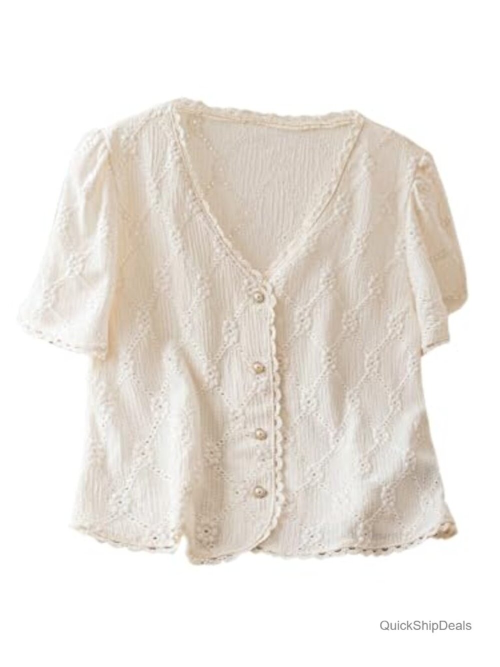 Women's Floral Embroidered Button Down Blouse with Frill Trim